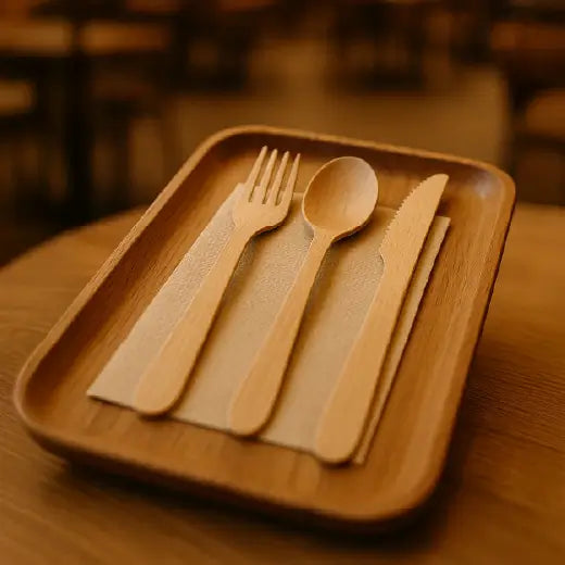 Couverts, gobelets, serviettes et plateaux