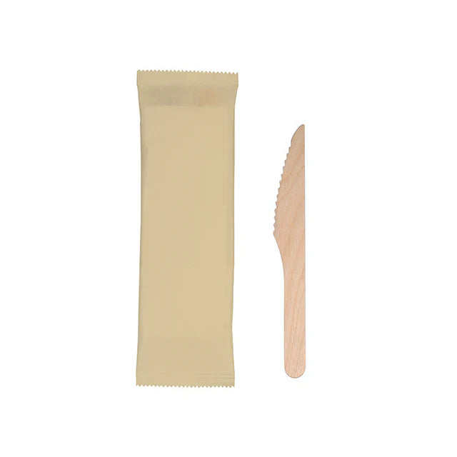 Photo du produit K017F0EC - Kit couverts 1/1 bois couteau étui kraft écru - 165 mm - Dinovia
