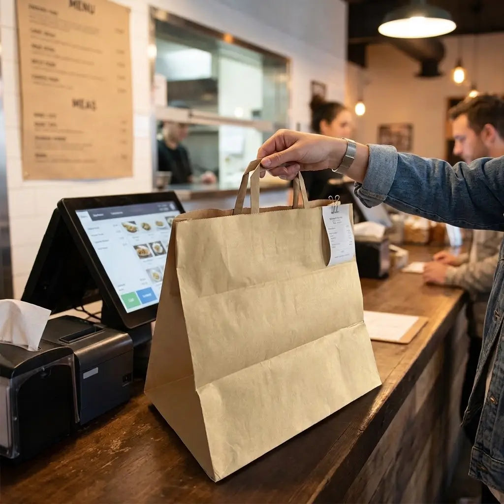 SACGAMES - Sac Kraft pour la restauration à emporter - En utilisation dans votre restaurant 