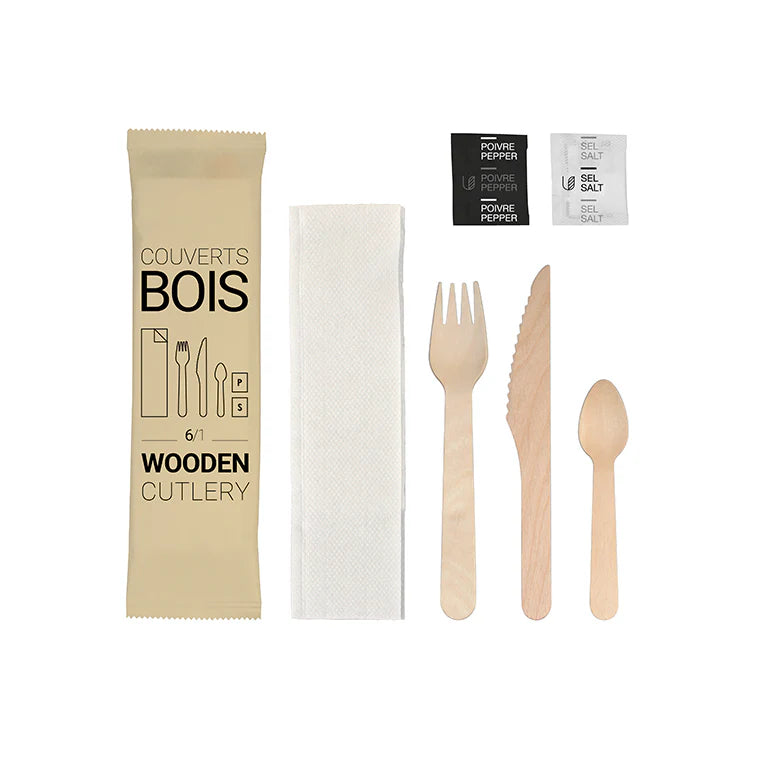 Photo du produit USEOK060F0EC - Kit couverts bois 6/1 - C/F/CD/SL/PV/SV blanche - Dinovia